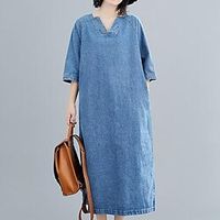 Women's Denim Dress Shift Dress Midi Dress Blue 3/4 Length Sleeve Pure Color Split Fall Winter Autumn V Neck Casual Vacation Loose Fit 2023 M L XL XXL miniinthebox - thumbnail