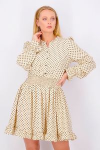 Womens Balloon Sleeve Polka Dot Print Dress  Khaki