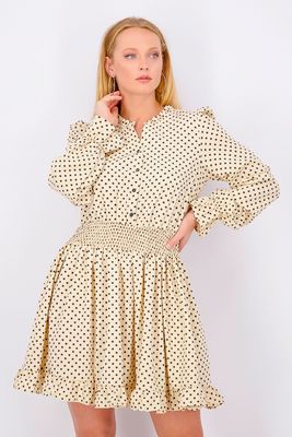 Womens Balloon Sleeve Polka Dot Print Dress  Khaki