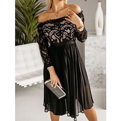Women's Black Dress Party Dress Lace Dress Midi Dress Black Long Sleeve Plain Lace Summer Spring Fall Off Shoulder Party Wedding Guest Vacation Spring Dress S M L XL Lightinthebox