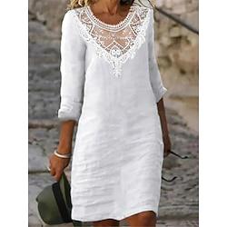 Women's White Dress Casual Dress Cotton Linen Dress Mini Dress Linen Cotton Blend Lace Patchwork Basic Modern Daily Weekend Crew Neck 3/4 Length Sleeve Summer Spring White Plain Lightinthebox