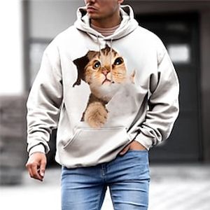 Men's Pullover Hoodie Sweatshirt White Hooded Animal Cat Graphic Prints Print Daily Sports 3D Print Basic Streetwear Designer Spring   Fall Clothing Apparel Hoodies Sweatshirts  miniinthebox