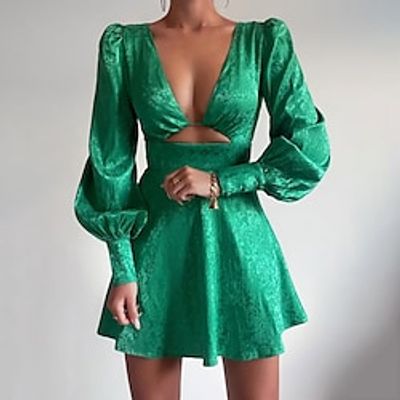 Women's A Line Dress Short Mini Dress Green White Blue Long Sleeve Pure Color Hollow Out Spring Summer Deep V Party Stylish Lantern Sleeve 2022 S M L XL XXL  Party Dress Lightinthebox