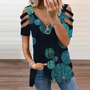 Women's Blouse Floral Leopard Casual Weekend Floral Painting Blouse Short Sleeve Cut Out Quarter Zip Print V Neck Basic White Blue Purple S / 3D Print miniinthebox