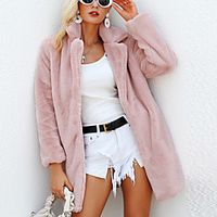 Women's Faux Fur Coat Daily Fall  Winter Long Coat Regular Fit Basic Jacket Long Sleeve Solid Colored Blushing Pink Gray miniinthebox - thumbnail