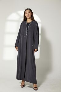 Moistreet Grey Korean Nida Embroidery Abaya (XS, S, M, L, XL, XXL)