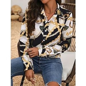 Women's Shirt Blouse Chains Print Casual Yellow Pink Red Print Button Long Sleeve Fashion Shirt Collar Regular Fit Spring   Fall Lightinthebox