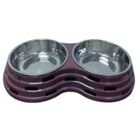 Pets Club Double Dining Pet Feedrer With Stainless Steel Bowl & Non Slip Rubber Bottom Purple For Cat & Dog - 33.5X18X6Cm