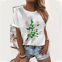 Women's Floral Theme T shirt Floral Daisy Print Round Neck Basic Tops Cotton Blue Yellow Green Lightinthebox - thumbnail