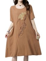 Casual Women Embroidery Half Sleeve Pockets Knee-Length Dress