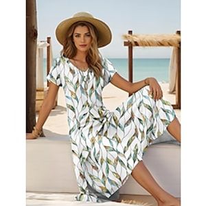 Women's Casual Dress Summer Dress Leaf Print V Neck Long Dress Maxi Dress Streetwear Maxi Street Holiday Short Sleeve Loose Fit White Summer S M L XL 2XL Lightinthebox