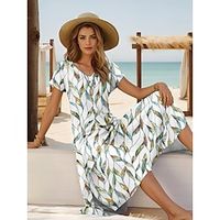 Women's Casual Dress Summer Dress Leaf Print V Neck Long Dress Maxi Dress Streetwear Maxi Street Holiday Short Sleeve Loose Fit White Summer S M L XL 2XL Lightinthebox