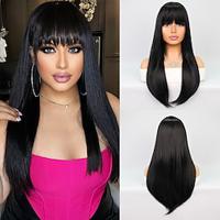 Synthetic Wig Natural Straight Neat Bang Wig 24 inch Black Synthetic Hair Women's Natural Black Lightinthebox