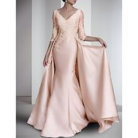 Sheath  Column Mother of the Bride Dress Formal Wedding Guest Elegant V Neck Sweep  Brush Train Satin Lace Sequined Half Sleeve with Appliques 2023 Lightinthebox