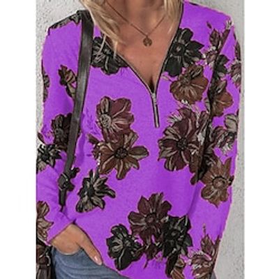 Women's T shirt Tee Floral White Red Blue Print Quarter Zip Long Sleeve Daily Holiday Fashion V Neck Regular Fit Spring   Fall Lightinthebox
