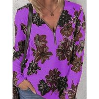 Women's T shirt Tee Floral White Red Blue Print Quarter Zip Long Sleeve Daily Holiday Fashion V Neck Regular Fit Spring   Fall Lightinthebox - thumbnail