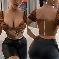 Crop Women's Brown Solid / Plain Color Back Zip Daily Fashion V Neck Skinny S Lightinthebox