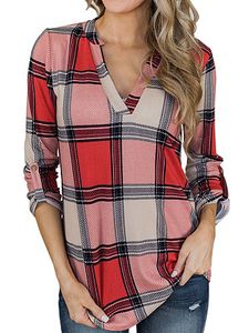 V Neck Loose Fitting Checkered Blouses