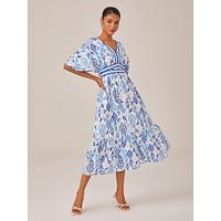 Blue Monochrome Print Empire Waist Midi Dress