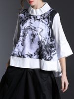 Long Sleeve Stand Collar Print Blouses