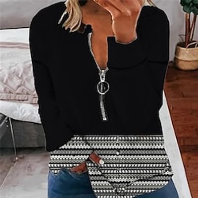 Women's Plus Size Tops Pullover Sweatshirt Hoodie Sweatshirt Geometry Zipper Print Long Sleeve Round Neck Streetwear Daily Vacation Polyester Fall Winter Black Lightinthebox