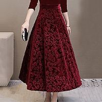 Women's Skirts Maxi Velvet Paisley Wine Army Green Skirts Fall  Winter Floral  Fleece lined Fashion Shiny Xmas Christmas Holiday S M L Lightinthebox - thumbnail