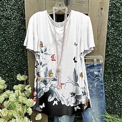 Women's Plus Size Tops T shirt Floral Butterfly Print Short Sleeve Crewneck Streetwear Daily Going out Polyester Spring Summer Green Blue Lightinthebox