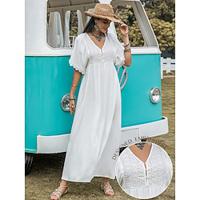 Women's White Dress Maxi Dress Lace Eyelet Solid Vacation V Neck Short Sleeve Summer White Plain Lightinthebox