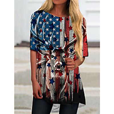 Women's T Shirt Dress Tee Dress Short Mini Dress Blue Half Sleeve Color Block Flag Animal Print Spring Summer Round Neck Casual Holiday 2021 S M L XL XXL 3XL miniinthebox