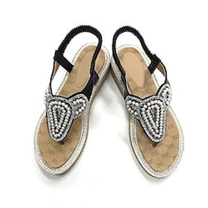 Women's Sandals Boho Bohemia Beach Rhinestone Flat Heel Round Toe Open Toe Elegant Casual Party Beach PU Leather Elastic Band Spring Summer Solid Colored Black Lightinthebox