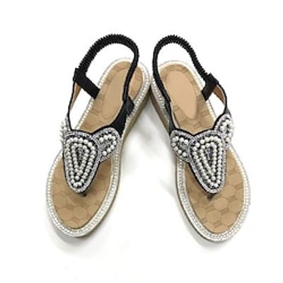 Women's Sandals Boho Bohemia Beach Rhinestone Flat Heel Round Toe Open Toe Elegant Casual Party Beach PU Leather Elastic Band Spring Summer Solid Colored Black Lightinthebox