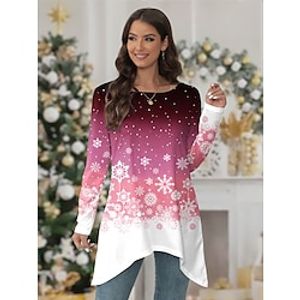 Women's T shirt Tee Christmas Shirt Snowflake Pink Blue Purple Flowing tunic Print Long Sleeve Christmas Weekend Festival  Holiday Round Neck Regular Fit Spring   Fall Lightinthebox