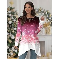 Women's T shirt Tee Christmas Shirt Snowflake Pink Blue Purple Flowing tunic Print Long Sleeve Christmas Weekend Festival  Holiday Round Neck Regular Fit Spring   Fall Lightinthebox - thumbnail