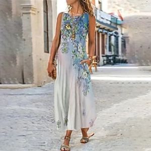 Women's Shift Dress Maxi long Dress Blue Sleeveless Floral Color Gradient Print Spring Summer U Neck Casual Vacation 2022 S M L XL XXL 3XL miniinthebox