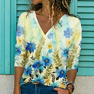 Women's Floral Theme Painting T shirt Floral Print V Neck Basic Tops Green Blue Purple / 3D Print miniinthebox