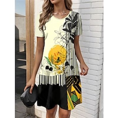 Women's Casual Dress T Shirt Dress Tee Dress Floral Print Crew Neck Midi Dress Streetwear Holiday Date Short Sleeve Loose Fit Yellow Purple Green Summer S M L XL XXL Lightinthebox