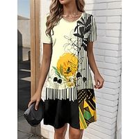 Women's Casual Dress T Shirt Dress Tee Dress Floral Print Crew Neck Midi Dress Streetwear Holiday Date Short Sleeve Loose Fit Yellow Purple Green Summer S M L XL XXL Lightinthebox - thumbnail