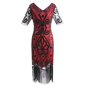 Women's Fringe Dress Bodycon Midi Dress Black Silver Gold Red Short Sleeve Floral Geometric Sequins Tassel Fringe Mesh Fall Winter V Neck Party Stylish Vintage Party 2022 S M L XL XXL / Party Dress miniinthebox