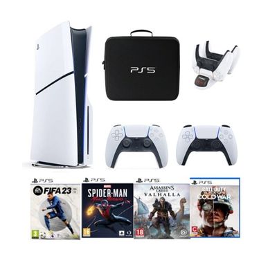 Sony PlayStation 5 Console Disc Version Slim 1TB with Extra Controller (International Edition) with Bag, Charger Dock Station and 4 Games