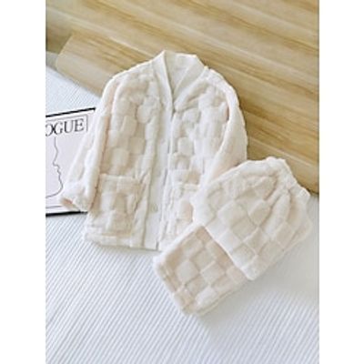 Women's Pajamas Sets Pure Color Plush Casual Comfort Home Daily Bed Flannel Warm V Wire Long Sleeve Cardigan Pant Button Pocket Fall Winter White Lightinthebox