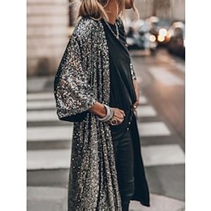 Women's Casual Jacket Party Street Vacation Fall Spring Regular Coat Regular Fit Windproof Breathable Stylish Chic  Modern Colorful Jacket 34 Length Sleeve Pure Color Sequins Silver Lotus Wine Lightinthebox