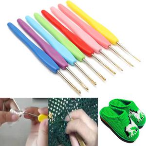 8Pcs Plastic Handle Aluminum Crochet Hooks Knitting Needles Set Tools