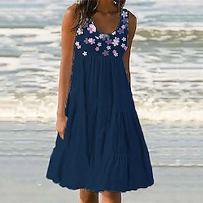 Women's Shift Dress Knee Length Dress White Navy Blue Sleeveless Floral Pocket Print Spring Summer U Neck Casual Vacation 2022 S M L XL XXL 3XL Lightinthebox