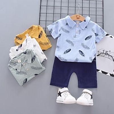 Boys Polo Shirt Set, 0-4-Year-Old Children's Short Sleeved Set, Printed Feather Shirt Shorts, 2-Piece Set Lightinthebox