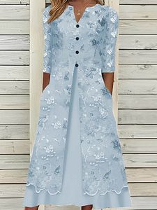 Casual Vintage Floral Print V-Neck Long Sleeve Midi Dress