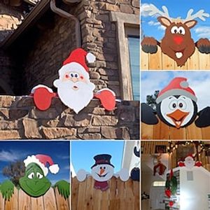 Santa Claus And Reindeer Peep At The Fence To Decorate The Christmas Theme Fence Garden And Yard Lightinthebox