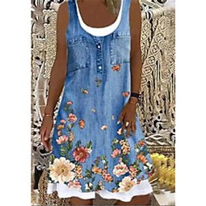 Women's A Line Dress Knee Length Dress Blushing Pink Khaki White Light Blue Sleeveless Floral Print Summer Round Neck Casual 2021 XS S M L XL miniinthebox