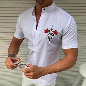 Men's Shirt  Solid Color Snake Rose Standing Collar Street Casual Button-Down Print Half Sleeve Tops Designer Casual Fashion Breathable White Black Wine / Summer miniinthebox