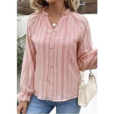 Women's Shirt Blouse Plain Petal Sleeve Pink Button Long Sleeve Casual Fashion V Neck Regular Fit Spring   Fall Lightinthebox