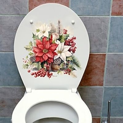 Christmas Sticker, Xmas Floral Toilet Seat Decal, Waterproof Self-adhesive Bathroom Decoration Decal, Bathroom Decoration Sticker, Home Decor Lightinthebox